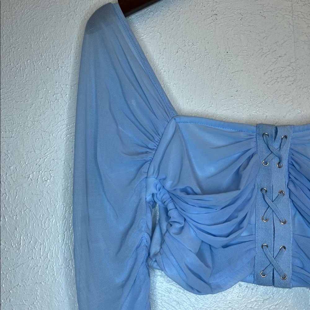 Baby blue ruched mesh crop for PrettyLittleThing